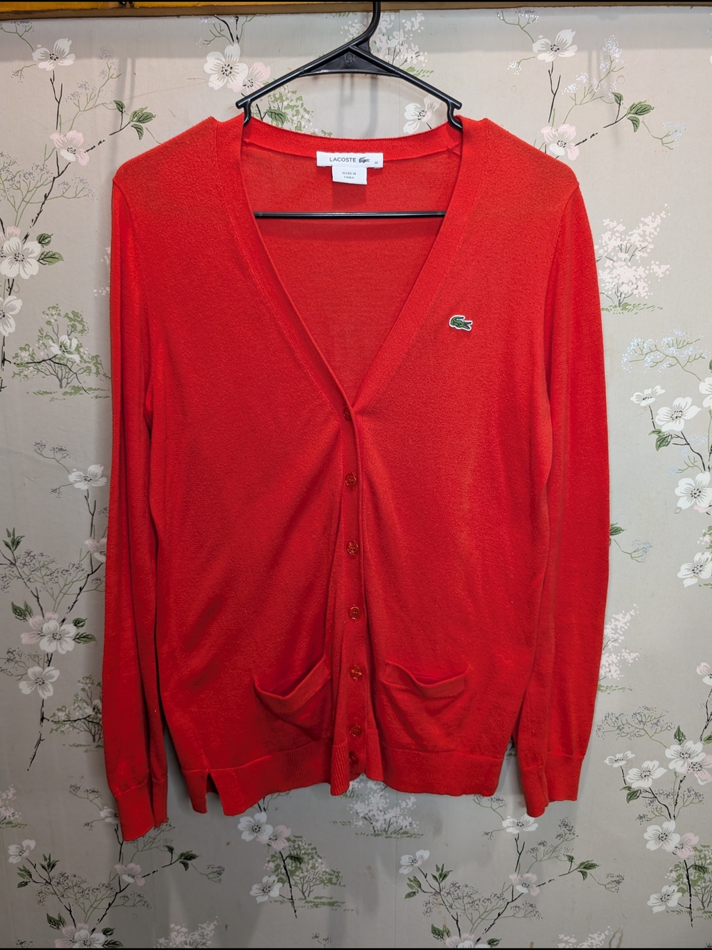 Lacoste Red V-Neck Button Cardigan with Crocodile Logo